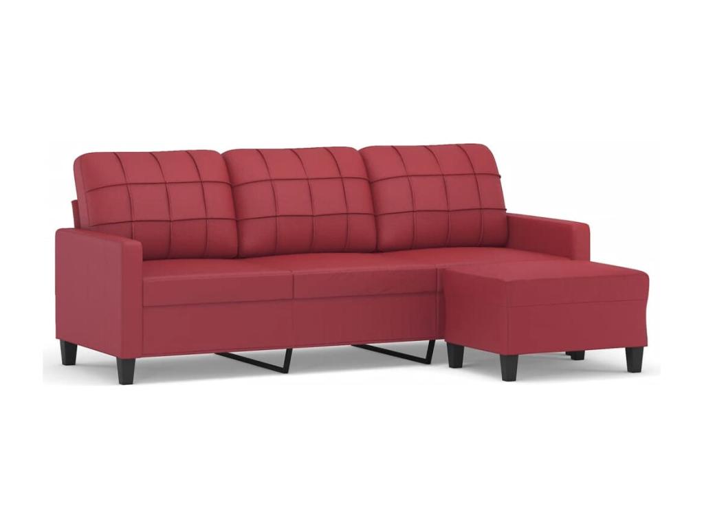 Sofá de 3 plazas con taburete cuero sintético rojo tinto 180 cm