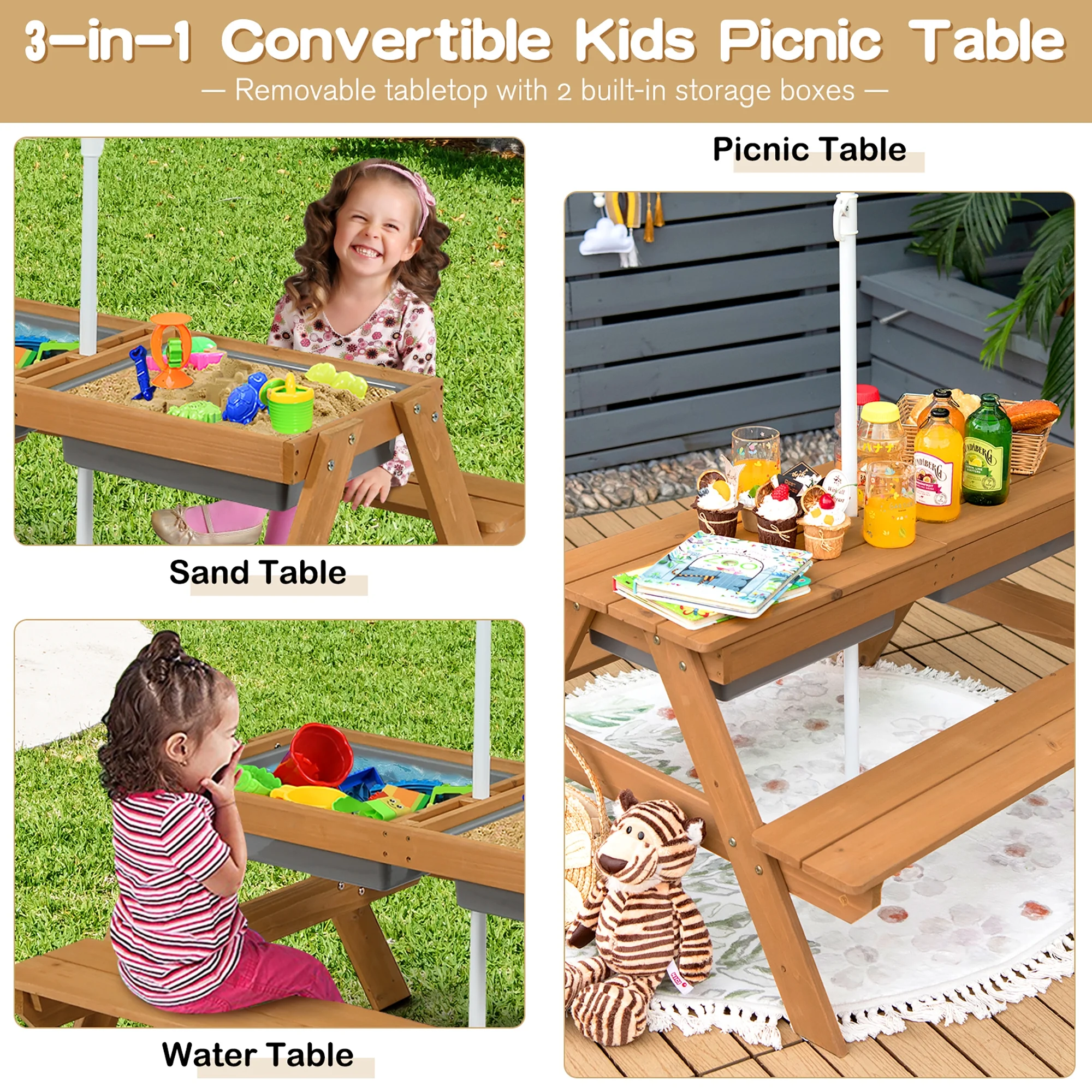 Costway 3-in-1 Kids Picnic Table Wooden Outdoor Sand & Water Table with Umbrella Play Boxes Green - Image 25