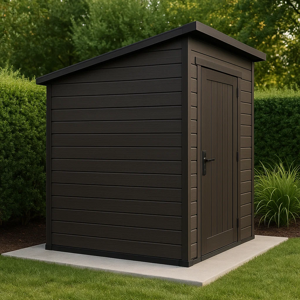Caseta de jardín, caseta de almacenamiento color marrón oscuro de resina para exterior, 130x160x195 cm AUBeinP197Tp