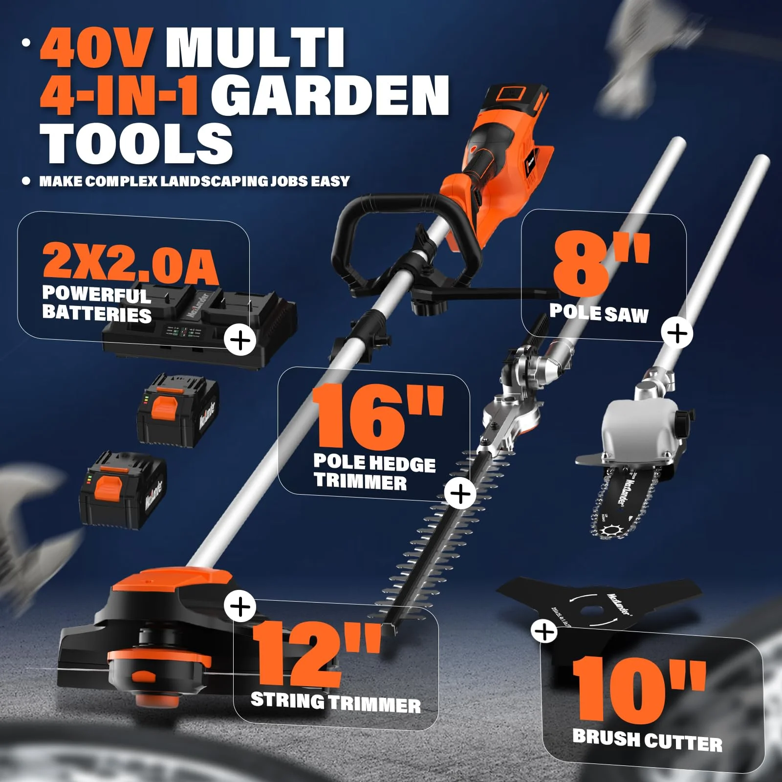 MAXLANDER 40V Cordless Weed Wacker, 4-in-1 Lawn Tool with Hedge Trimmer, 8-inch Pole Saw & Brush Cutter, 2×20V 4Ah Batteries & Charger Included - Image 6