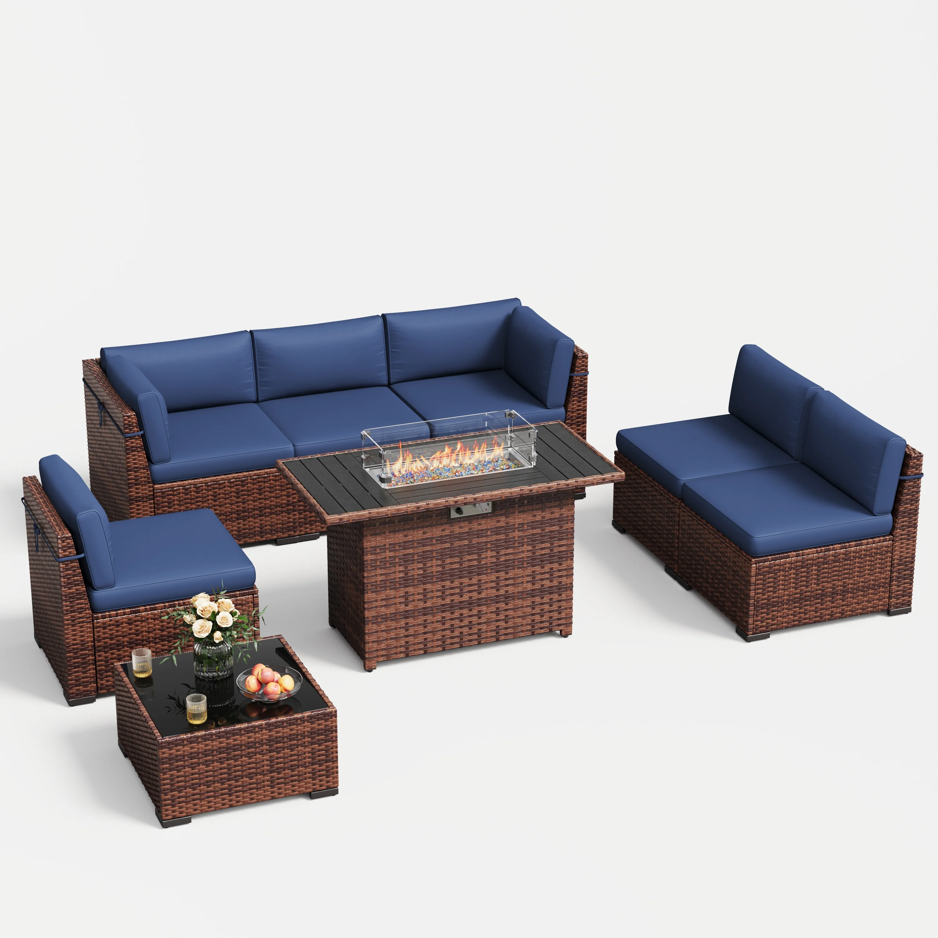 MRUAKA 8 Pieces Patio Furniture Set with Fire Pit Table, Outdoor Furniture Sectional Rattan Sofa with Slanted Back, Patio Couch with Glass Coffee Table for Backyard Garden (Dark Grey) - Image 35