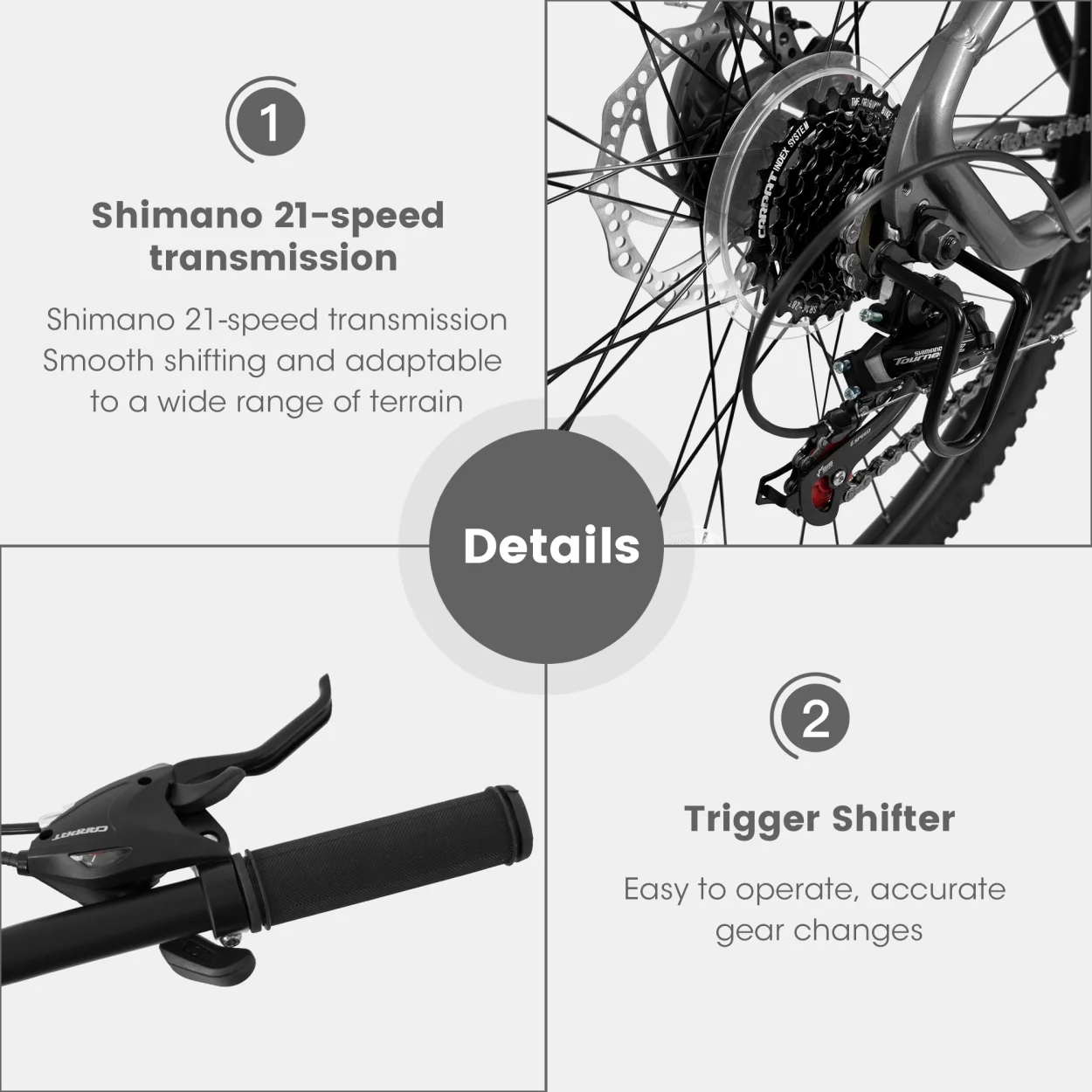 27 Inch Mountain Bike, 21 Speed Outdoor Cycling Bike with Suspension Fork, Adjustable Ergonomic Seat&Aluminum Frame Disc Brake, for Men Women Adult, Grey - Image 6