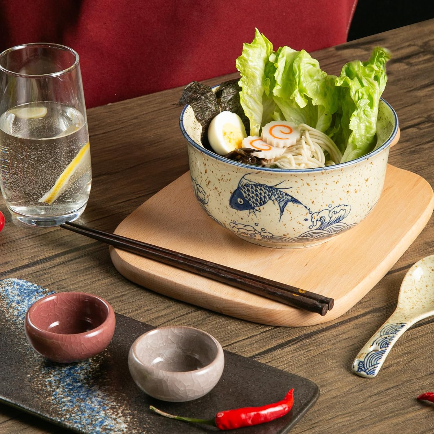 Ceramic Ramen Bowl Set of 2, Ramen Noodle Bowl with Lid 27oz Japanese Retro Style Soup, Pho, Udon Bowls, Matching Spoons and Chopsticks for Microwave & Dishwasher Safe, Fish