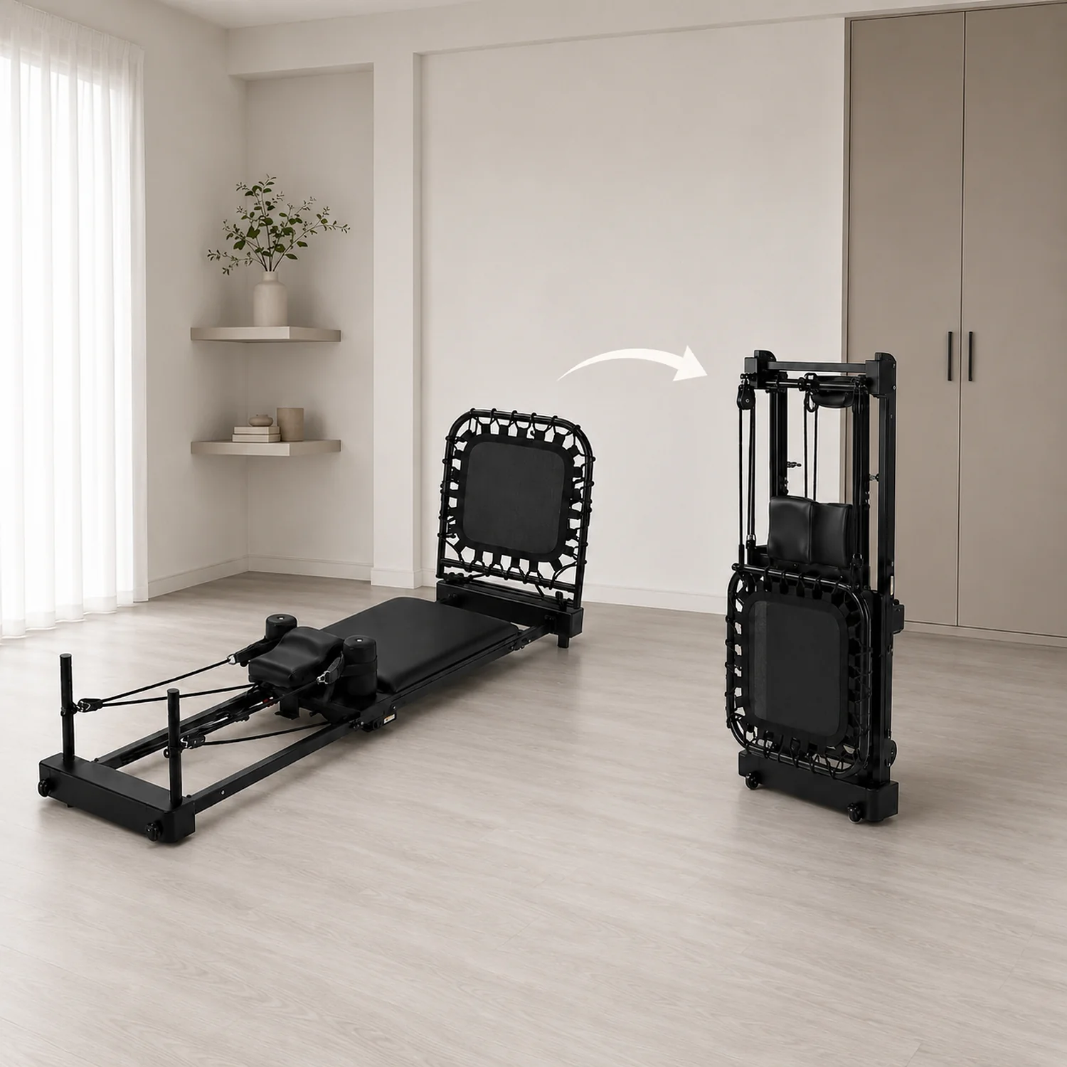 Folding Pilates Reformer Exercise Machine Black Steel Home Workout Equipment 86 x 21 x 26 in