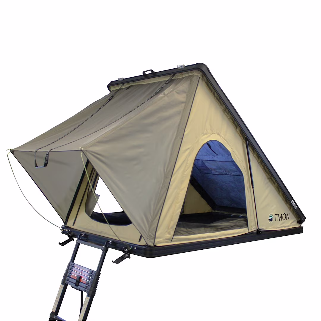 Overland Vehicle Systems LD TMON Clamshell Aluminum Hard Shell Roof Top Tent - 2 Person Capacity, Tan Body Green Rainfly