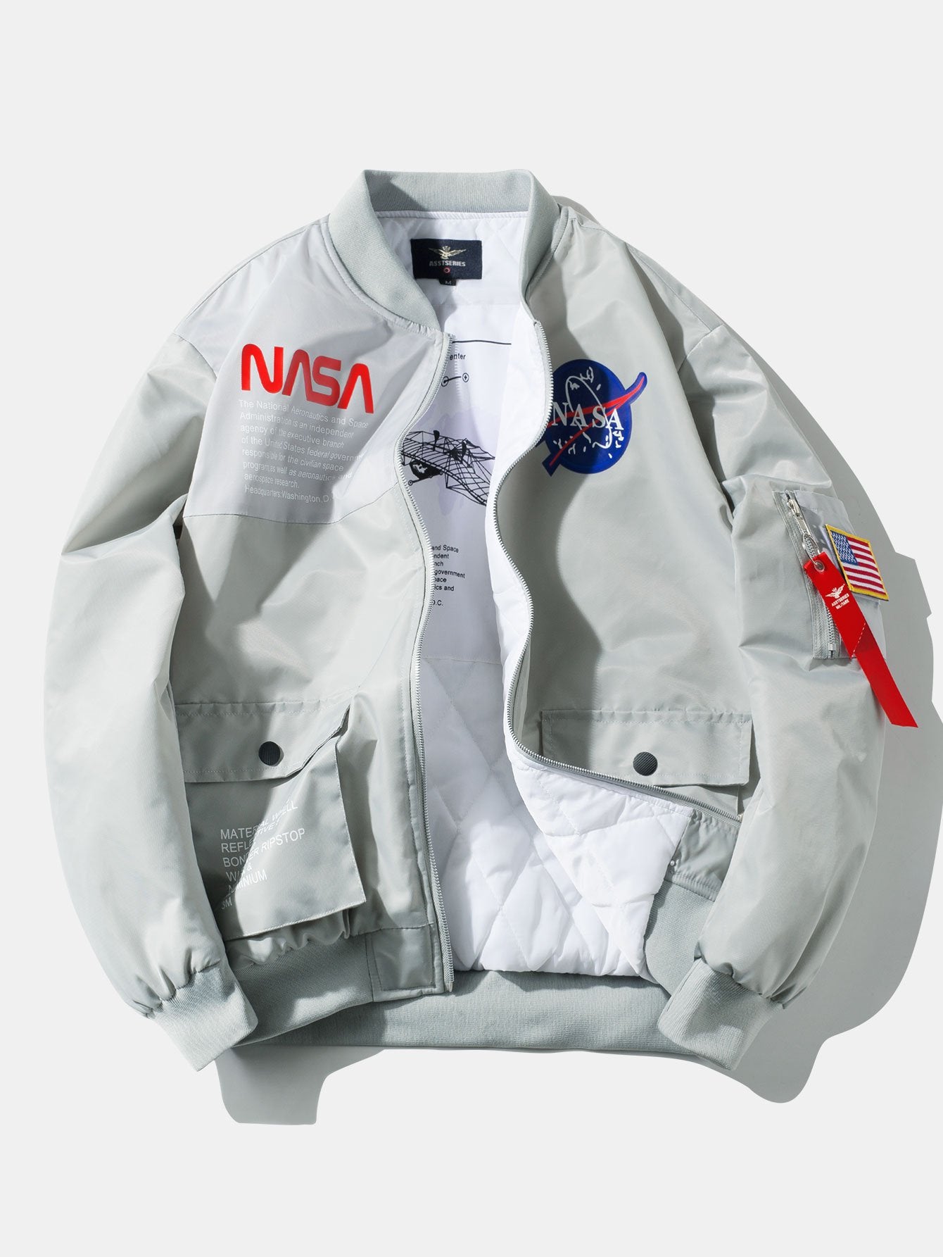 Oversized Quilted Lined NASA Print Bomber Jacket