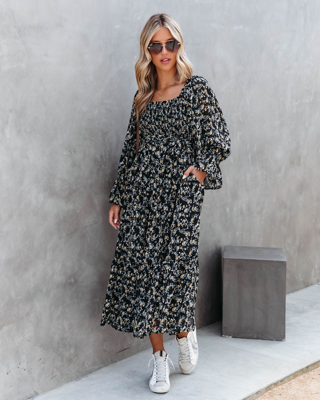 Whimsical Happenings Floral Smocked Midi Dress - Se7enfashion