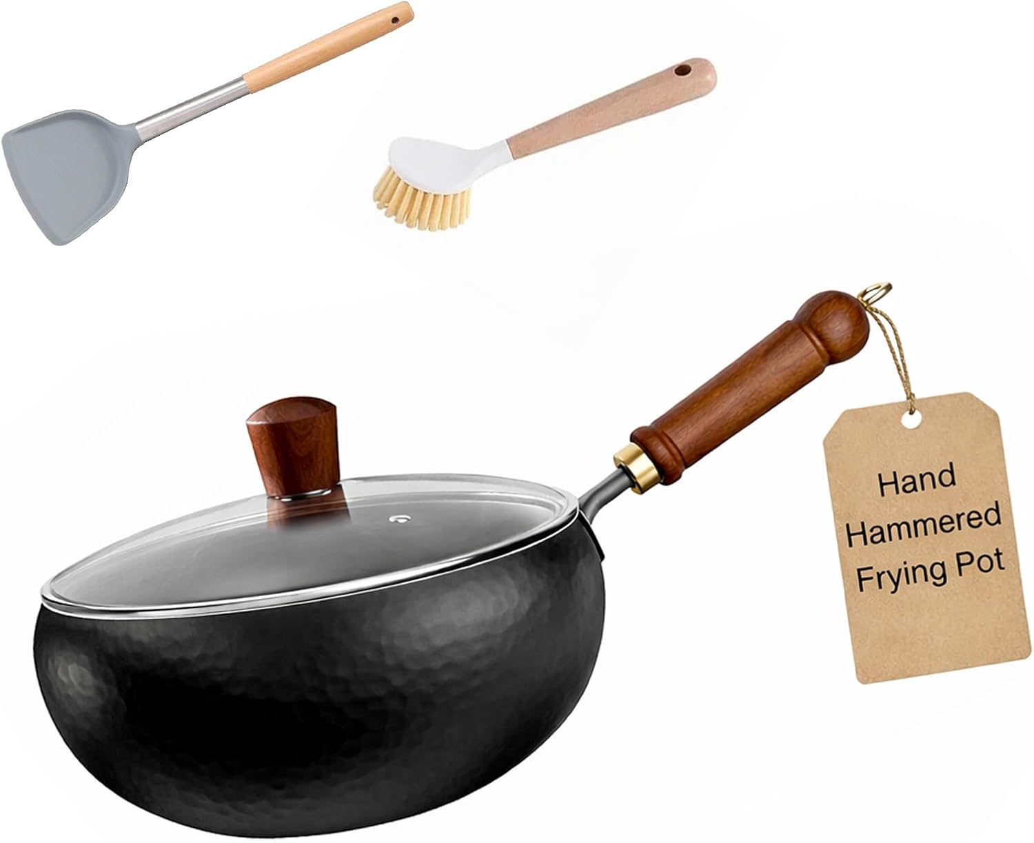 Japanese Cast Iron Wok Pan, Uncoated Thick Cast Iron Wok, Hand Hammered Frying Pot With Wooden Glass Lid (Wooden lid, 7.87in)