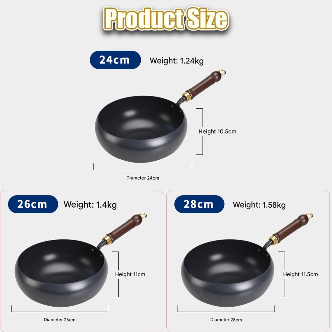 Carbon Steel Wok Pan, Japanese Jinswhdre Cast Iron Pan, Large Capacity Spill Hand-Forged Non-Stick Pans Without Coating for Gas Stove & Cooking (9.4in,With lid)