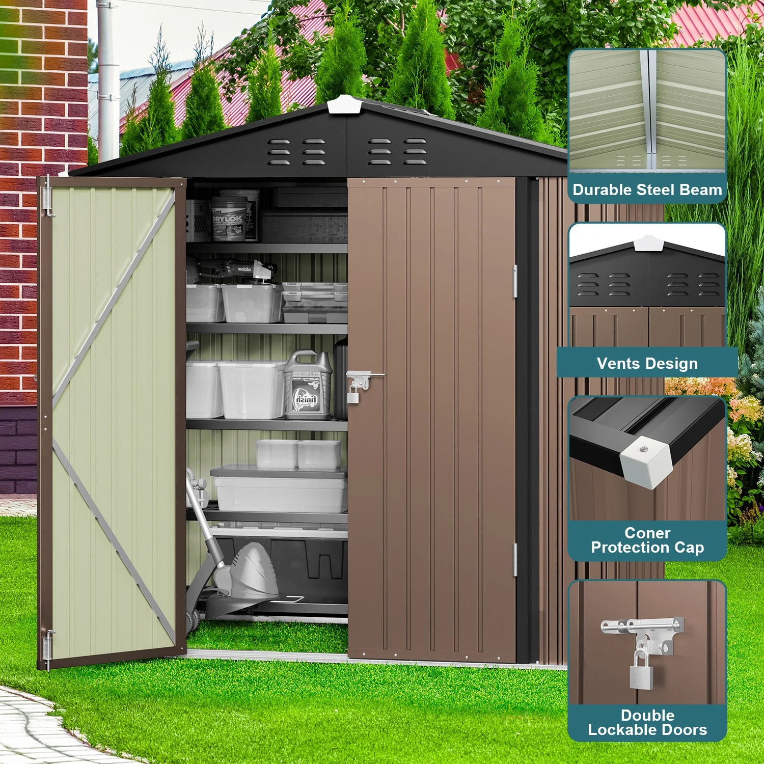 5'x3' Outdoor Storage Shed, Asofer Shed and Outdoor Storage Clearance, Weatherproof Tool Shed, Brown - Image 18