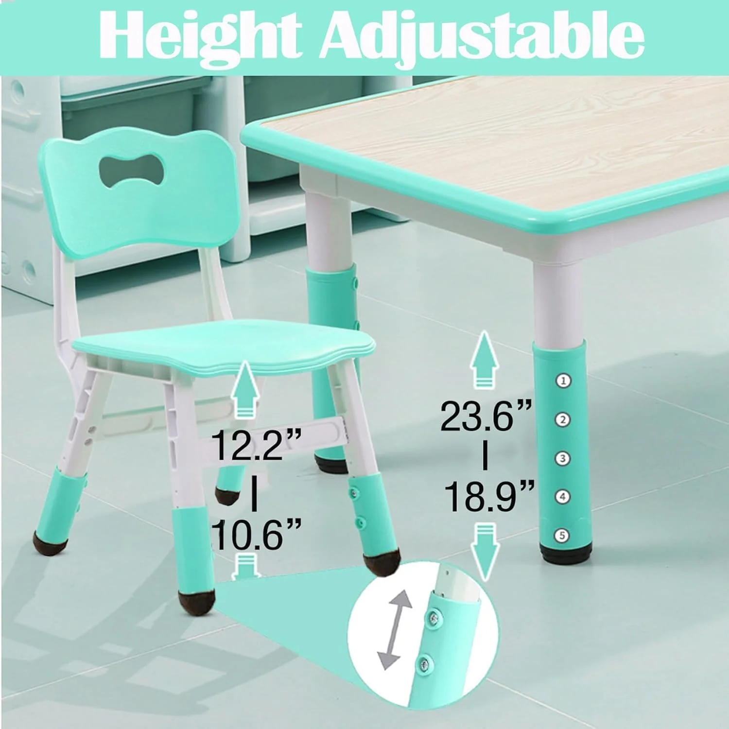 TROPOW Kids Table and Chairs,Height Adjustable Toddler Table and 6 Chair,Multi-Activity Table with Graffiti Desktop Non-Slip Legs for Ages 2-10,Children Activity Table for Daycare,Classroom,Blue - Image 14