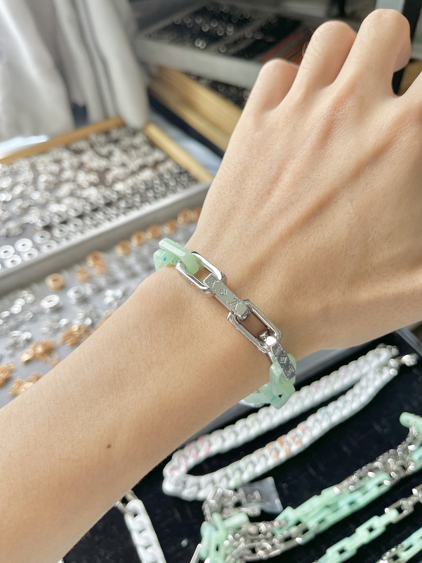 Louis Vuitton Green Silver Monogram Mens Bracelet - Original Replica Club