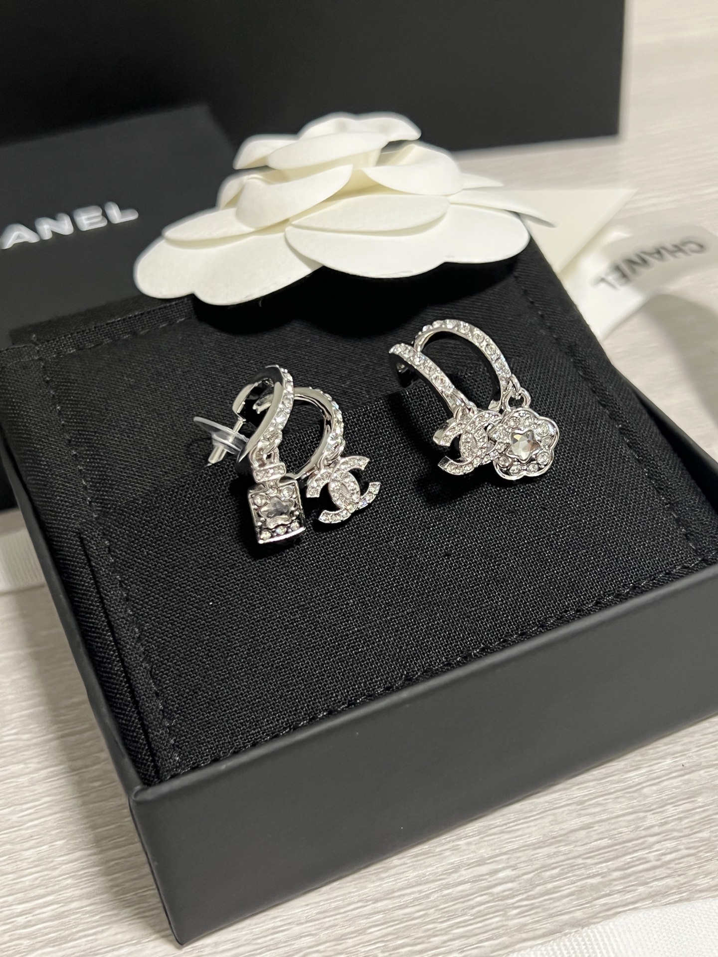 Chanel Asymmetric Silver Earrings with Rhinestone Perfume Bottle Camellia CC Dangle - Original Replica Club