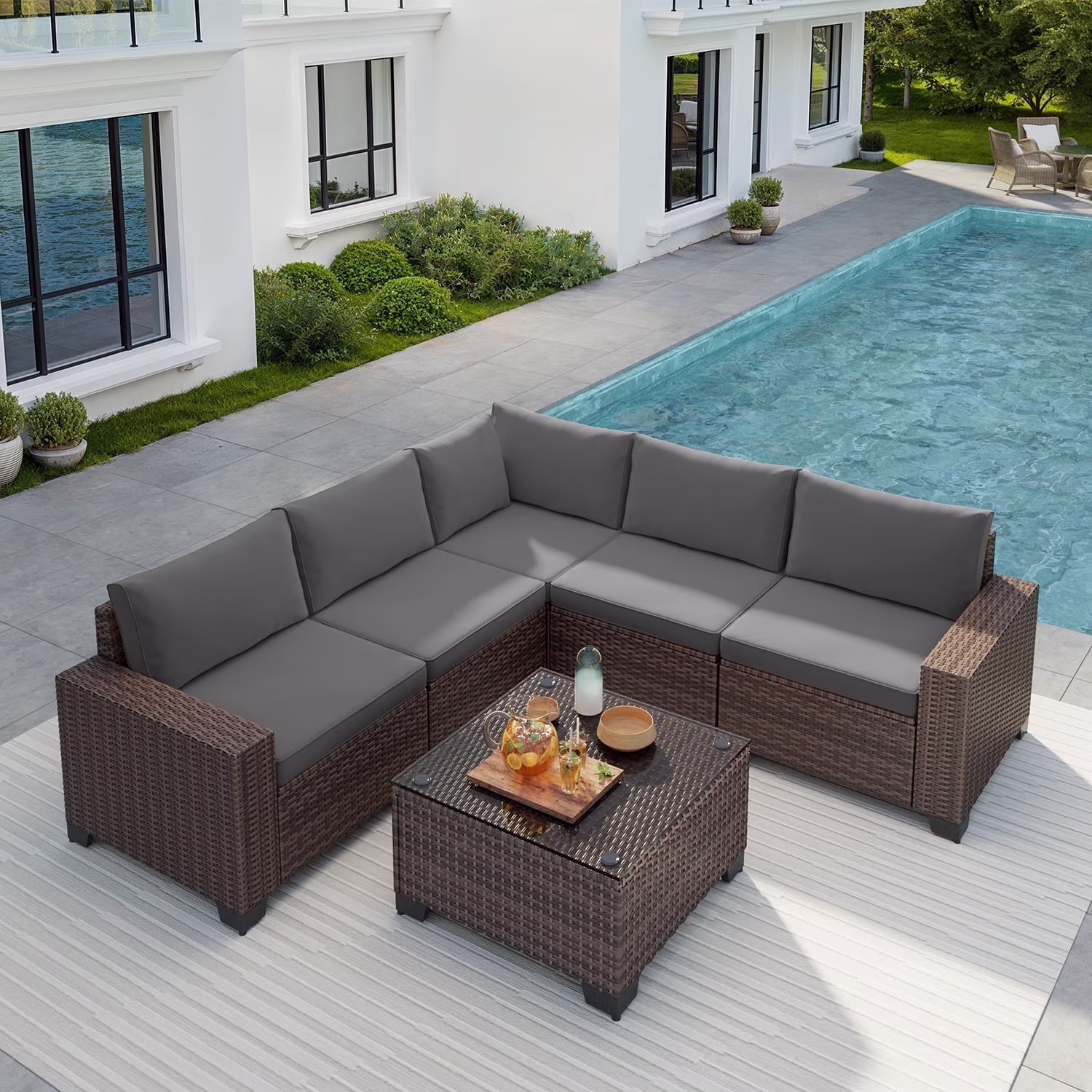 Aiho 7-Piece Rattan Patio Furniture Set , Outdoor Sectional Furniture Set for Patio, Garden, Backyard, Grey - Image 3