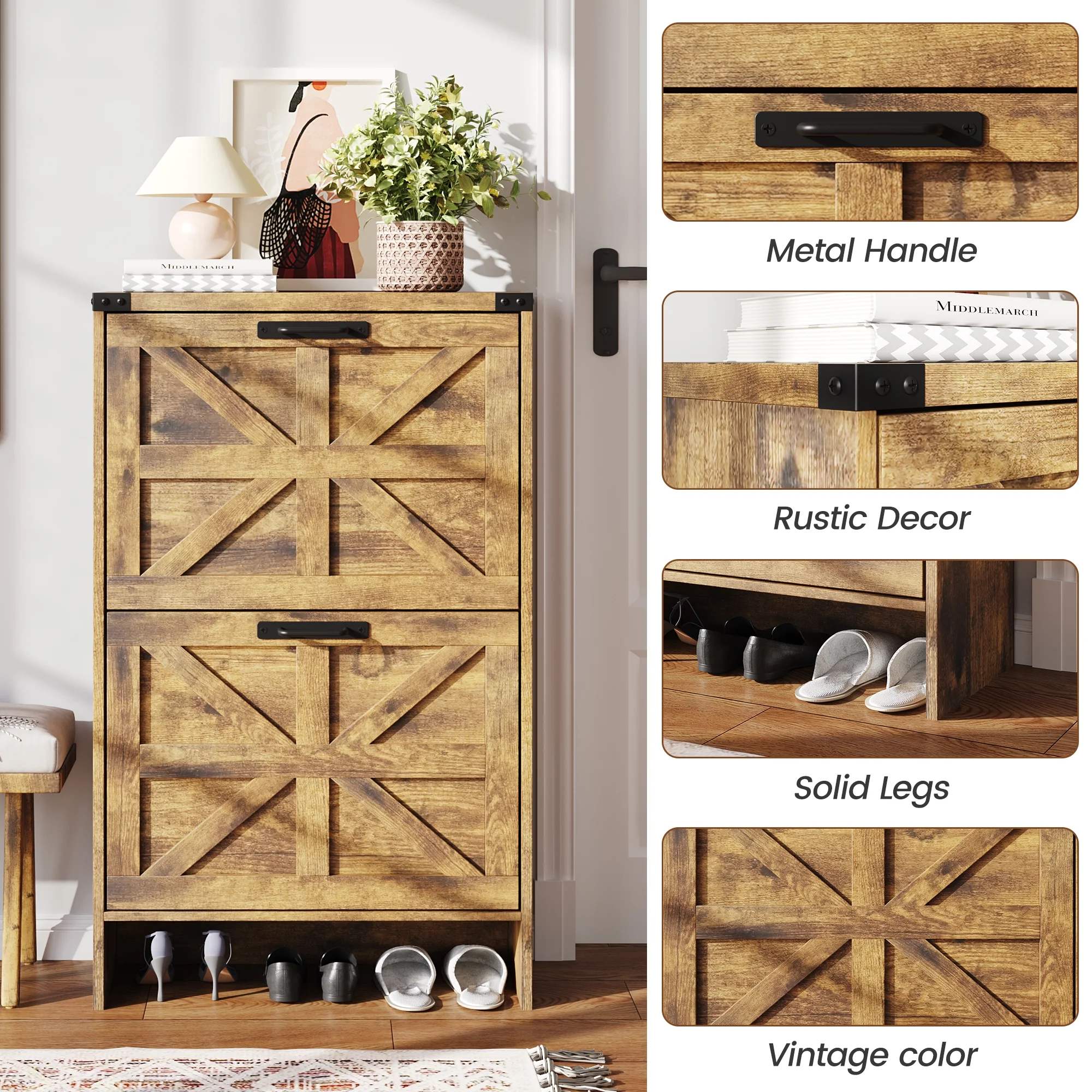 VEANERWOOD Shoes Storage Cabinet With Doors, Farmhouse Shoe Cabinet With 2 Flip Drawers For Entryway,Gray - Image 25