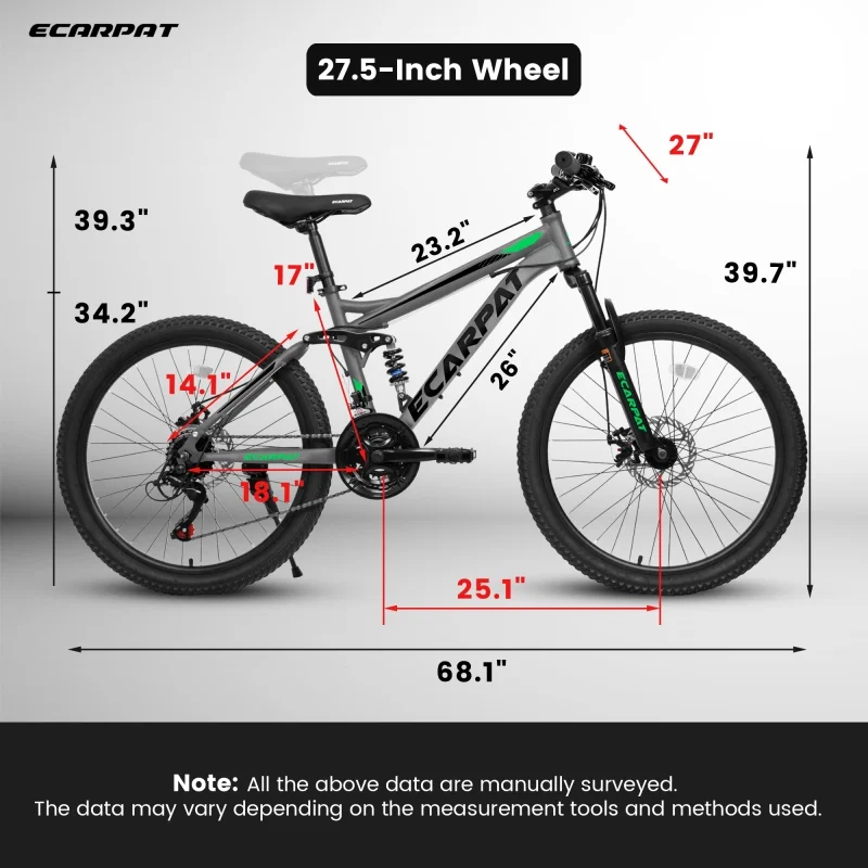 A2760 27.5 Inch Full Suspension Mountain Bike, Front and Rear Dual Shock Absorbers, Mechanical Disc Brakes, 21-Speed, Suitable for Men and Women, Ideal for Travel and Fitness Enthusiasts - Image 13
