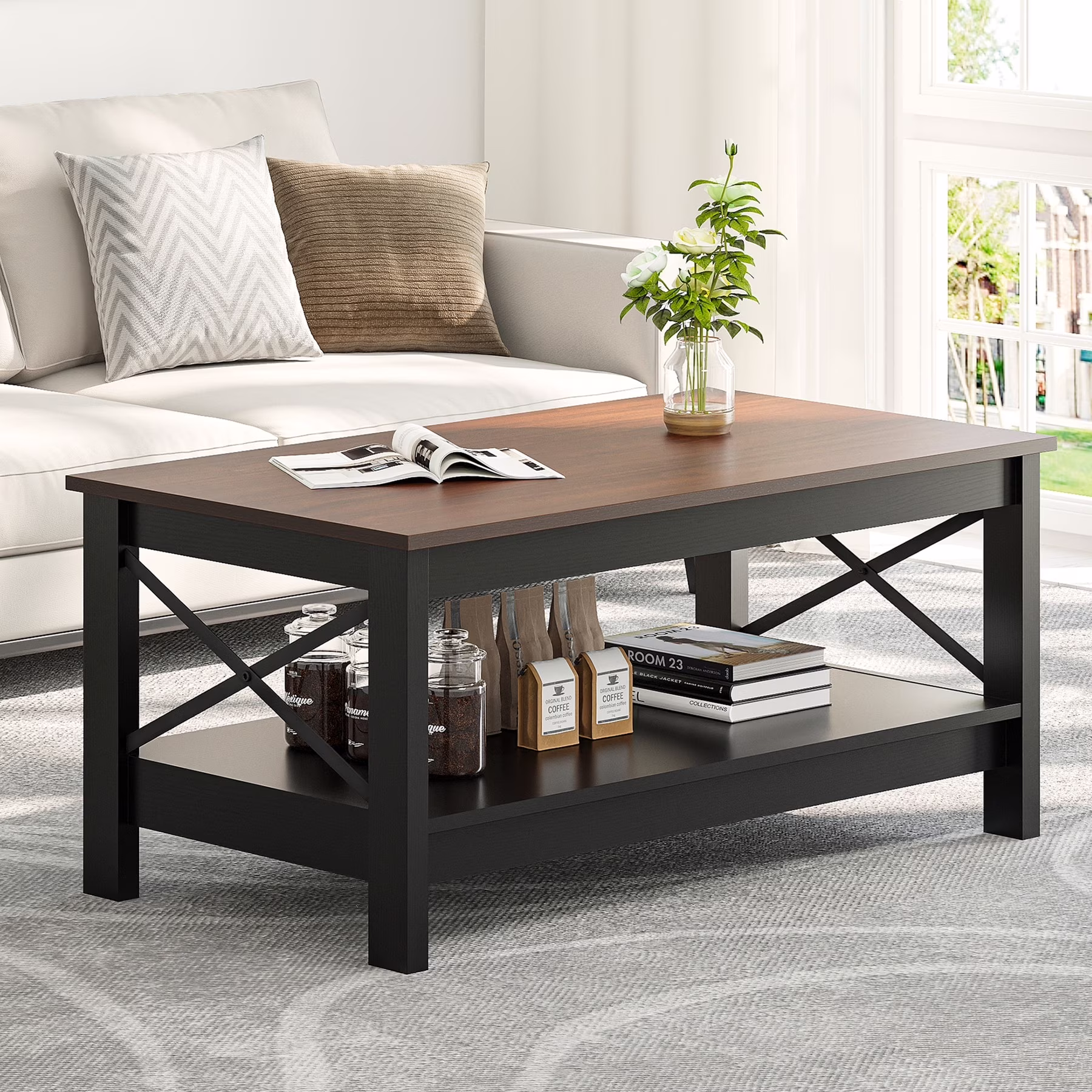 Moasis Farmhouse Coffee Table with Storage 2-Tier Center Table for Living Room Grey Wash Top+White