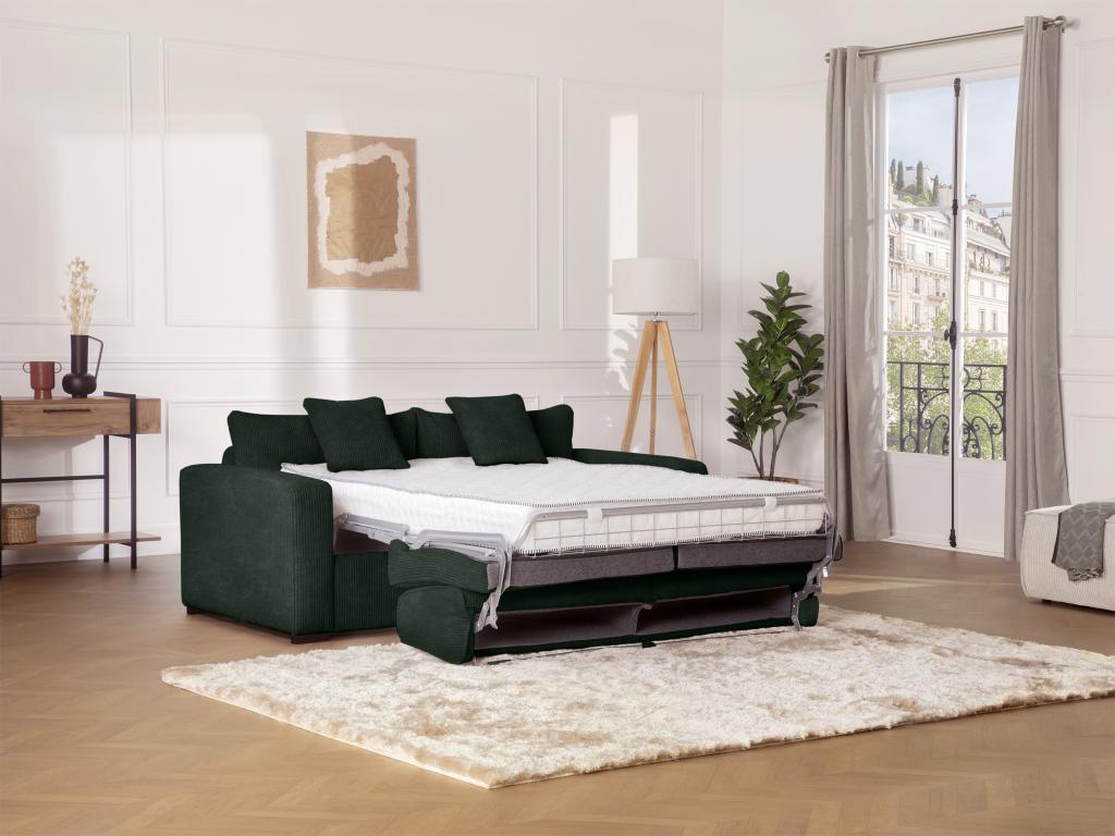Sofá cama de 4 plazas de estilo italiano de pana verde - Cama de 160 cm - Colchón de 18 cm - MONDOVI