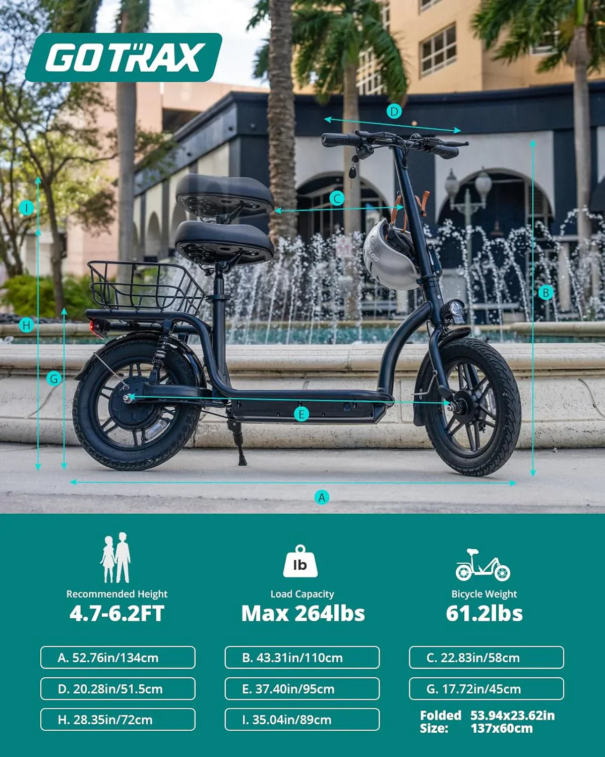 Gotrax adult electric scooter with seat maximum range of 19-25 miles all-terrain tires wide pedals