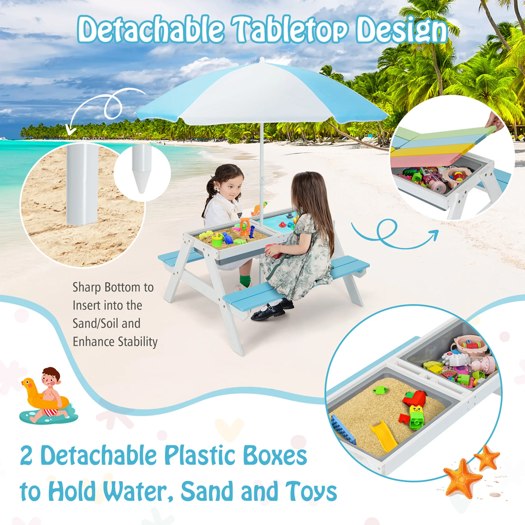 Costway 3-in-1 Kids Picnic Table Wooden Outdoor Sand & Water Table with Umbrella Play Boxes Green - Image 19