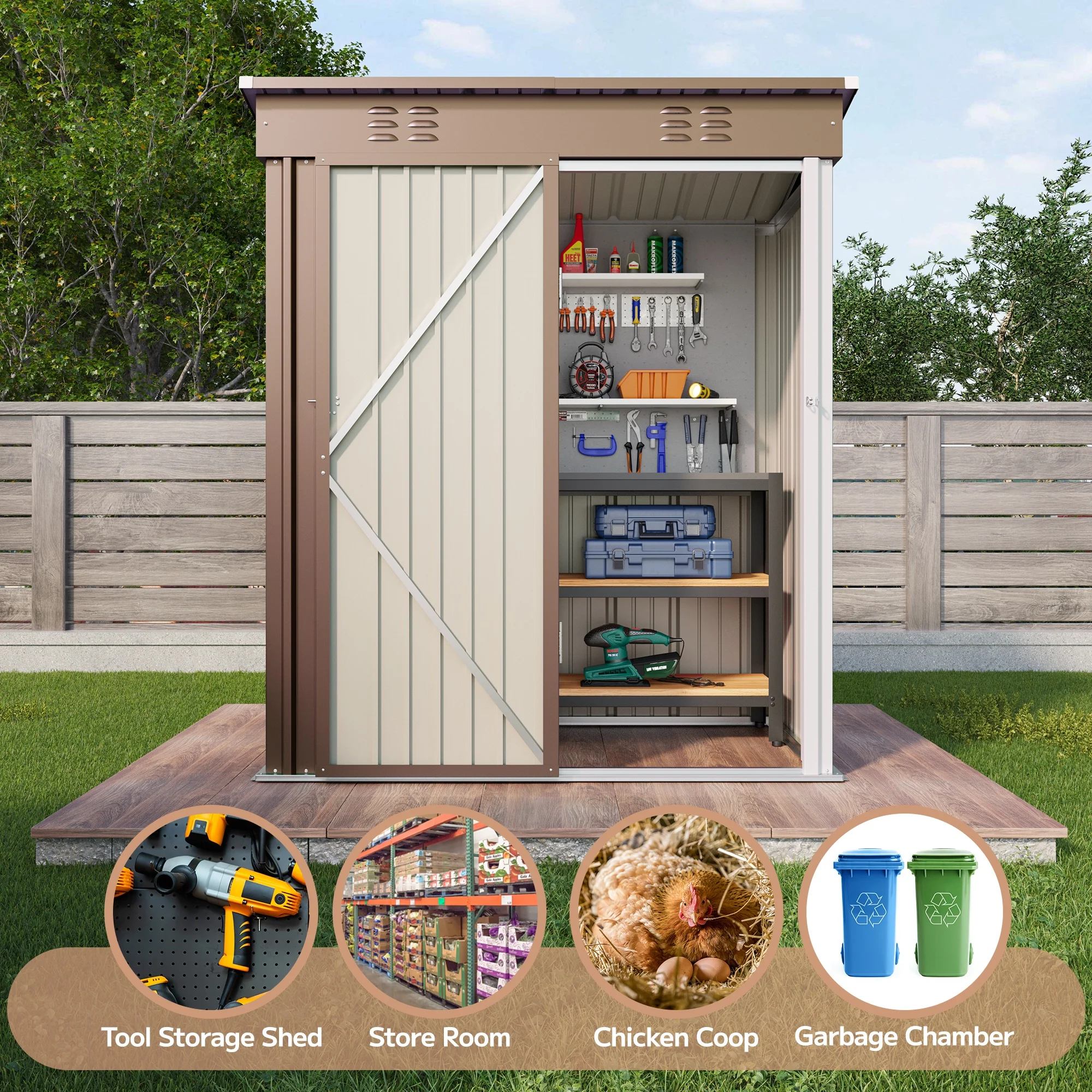 5'x3' Outdoor Storage Shed, Asofer Shed and Outdoor Storage Clearance, Weatherproof Tool Shed, Brown - Image 2