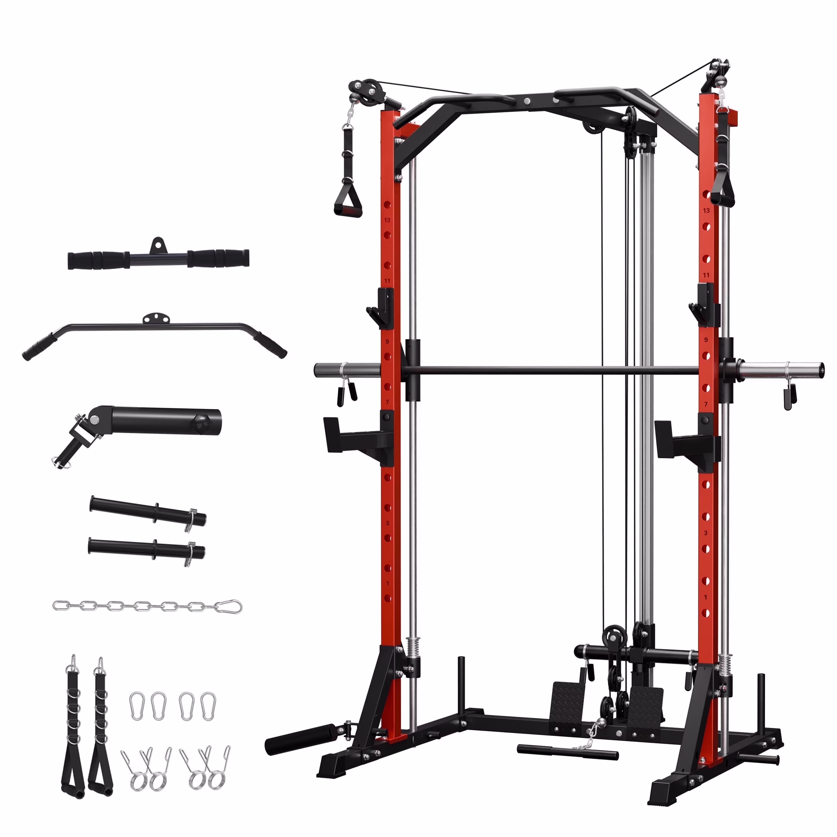 Mikolo Compact 7 - IN - 1 Smith Machine with Cable Crossover System, 1000 lb Multi - Functional Squat Rack, Workout Station with Weight Bar, Bend Peg and Other Functional Attachments(Smith Machine)