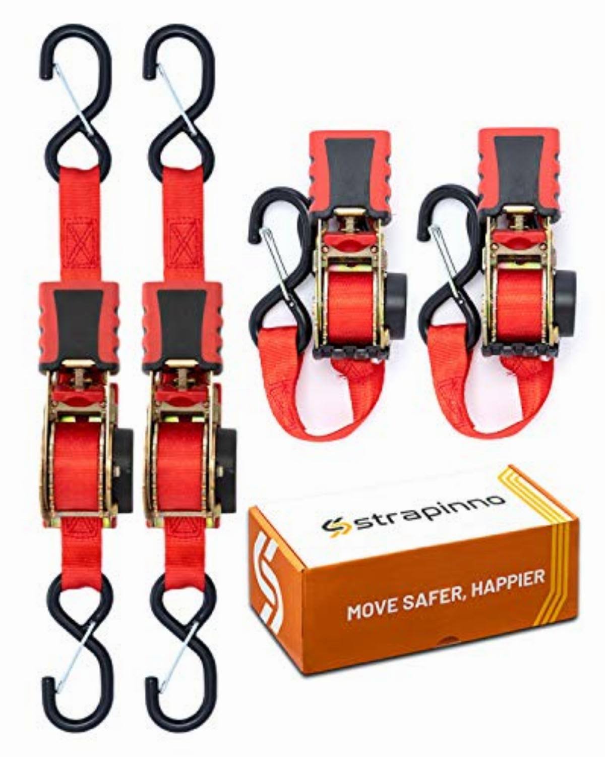 Strapinno 4pcs Retractable Ratchet Straps Bundle (1-in x 6-ft), Secure Tie-Downs with Rubber-Coated Steel Handles, S-Hooks Durable Hardware for(Red Strap, Yellow Zinc Coated Buckle)
