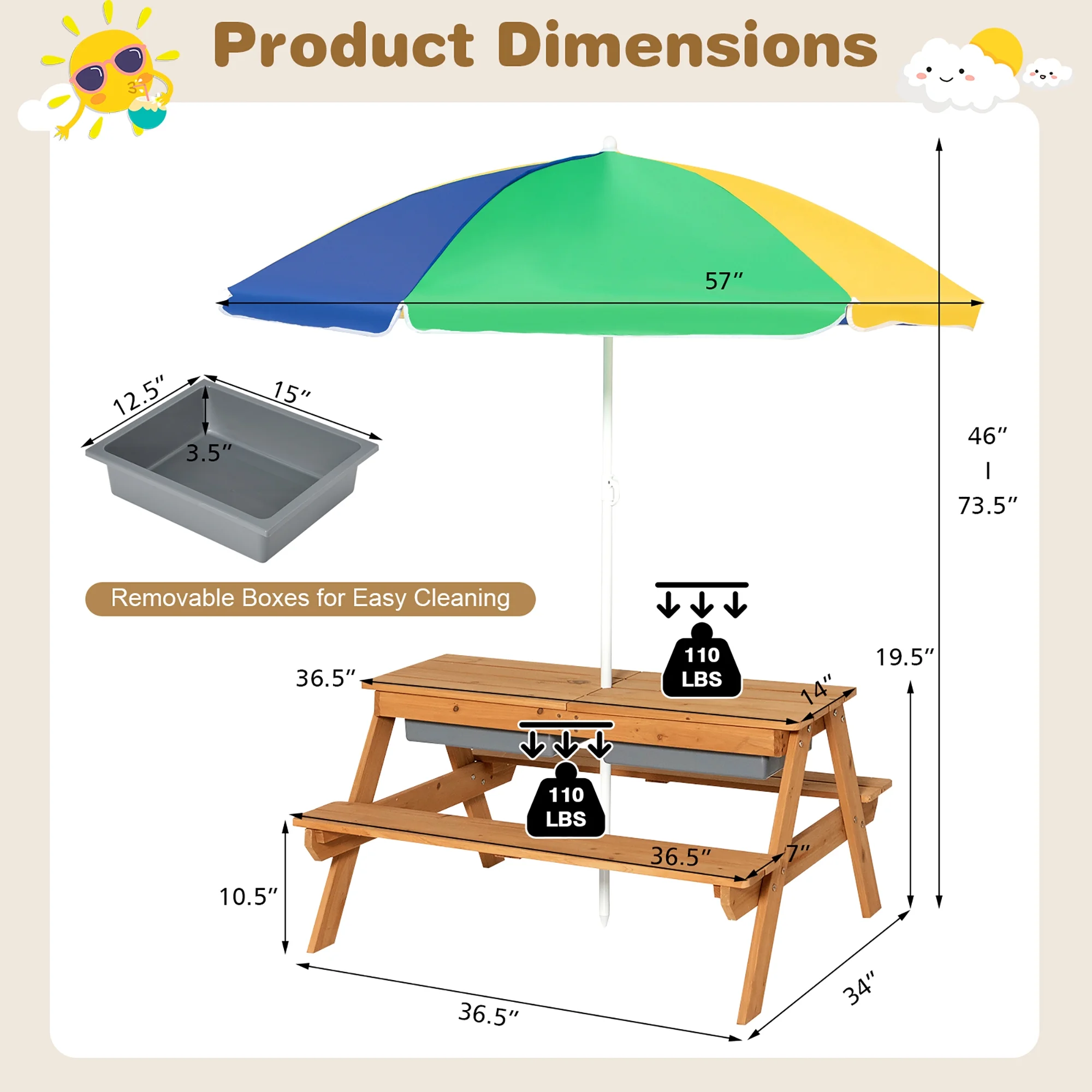 Costway 3-in-1 Kids Picnic Table Wooden Outdoor Sand & Water Table with Umbrella Play Boxes Green - Image 6