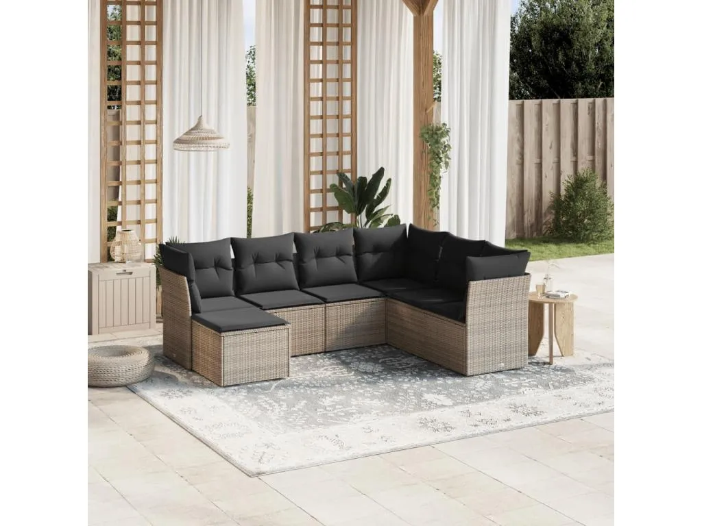 Set de sofás de jardín 7 piezas con cojines ratán PE gris 01772obnk