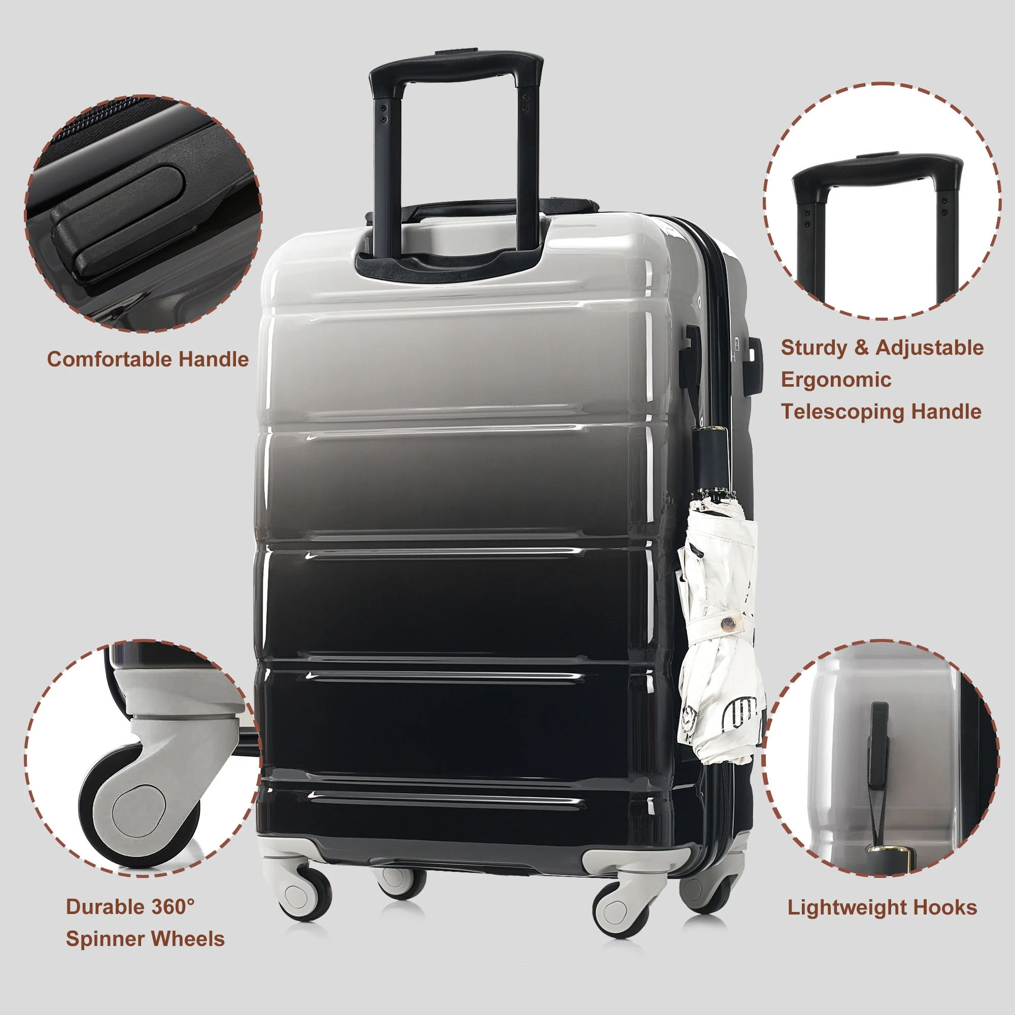PAPROOS 3-Piece Luggage Set (20''/24''/28''), Hardshell Lightweight Suitcase with USB Port and Side Hooks, Travel Luggage with TSA-Lock, Hardside Rolling Luggage for School, Travel, Pink - Image 15