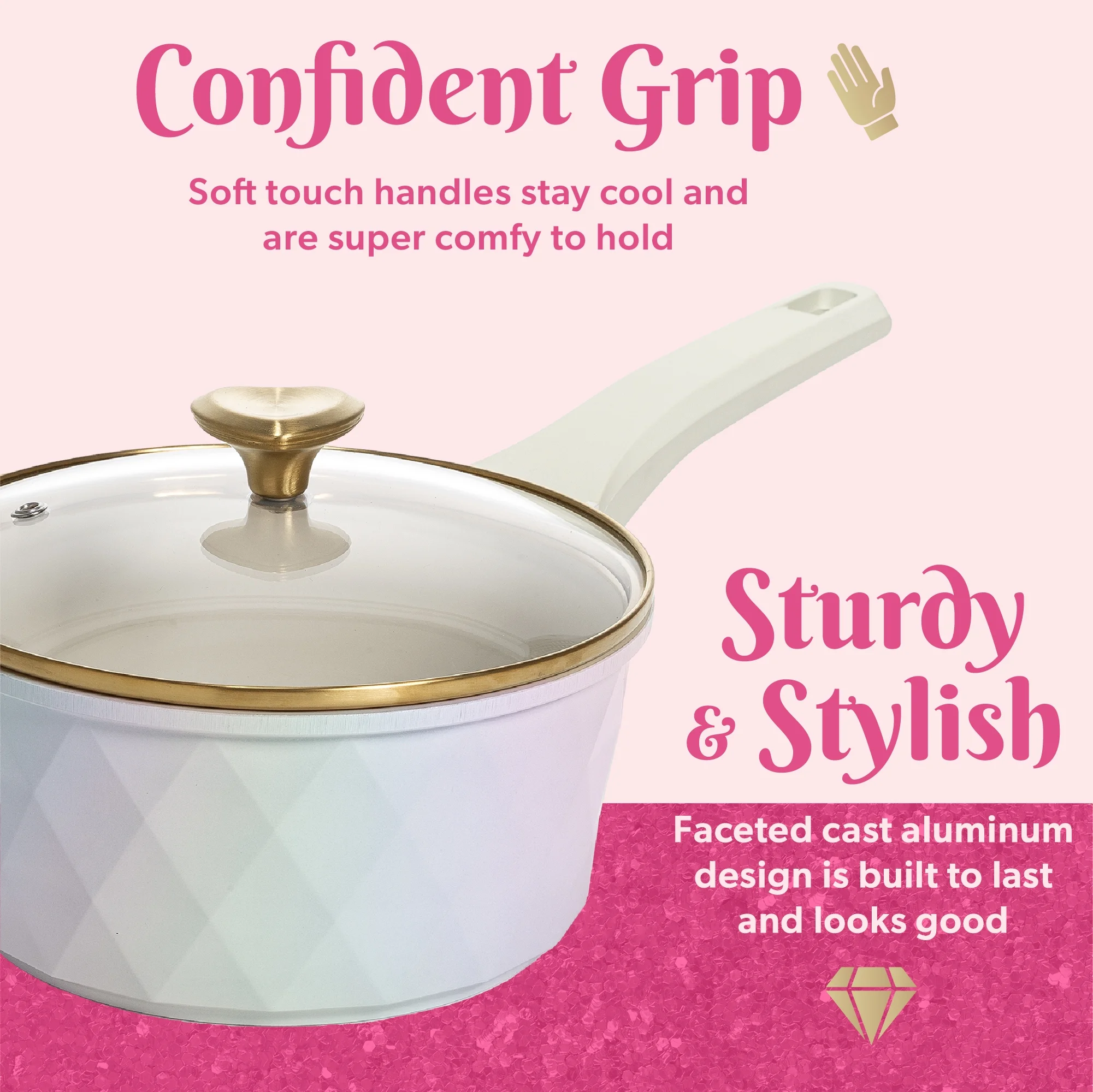 Paris Hilton 10-Piece Ceramic Nonstick Cast Aluminum Cookware Set, Clean Ceramic? Coating, Faceted Pink Design - Image 16