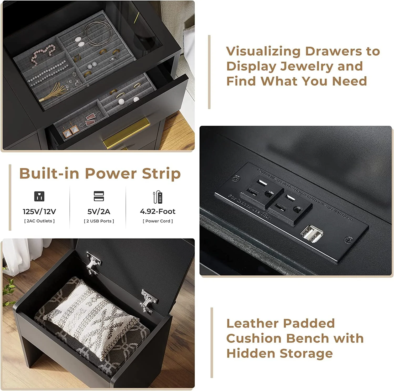 Black Vanity Set with Lights & Charging Station & Cushioned Stool, Modern Makeup Vanity Desk Table with Visible Drawers and Open Storage Shelves for Women Girls - Image 11