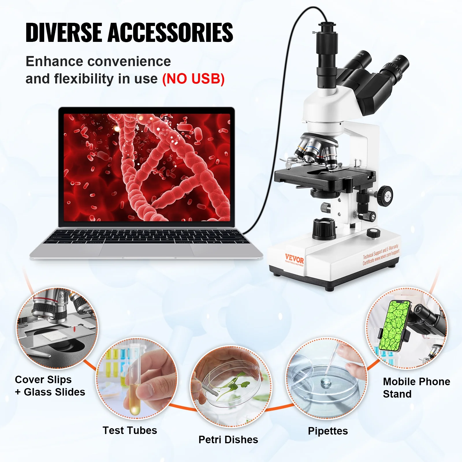 VEVOR Compound Trinocular Microscope, 40X-5000X Magnification Trinocular Compound Lab Microscope with Two-Layer Mechanical Stage, External Interface, LED Illumination and Microscope Slides Included - Image 5