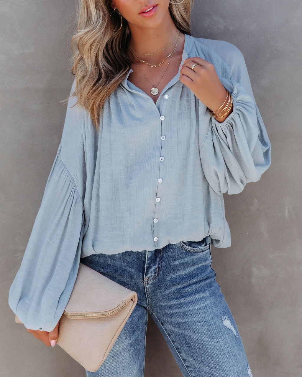 Bodhi Balloon Sleeve Button Up Top - Light Blue - Se7enfashion