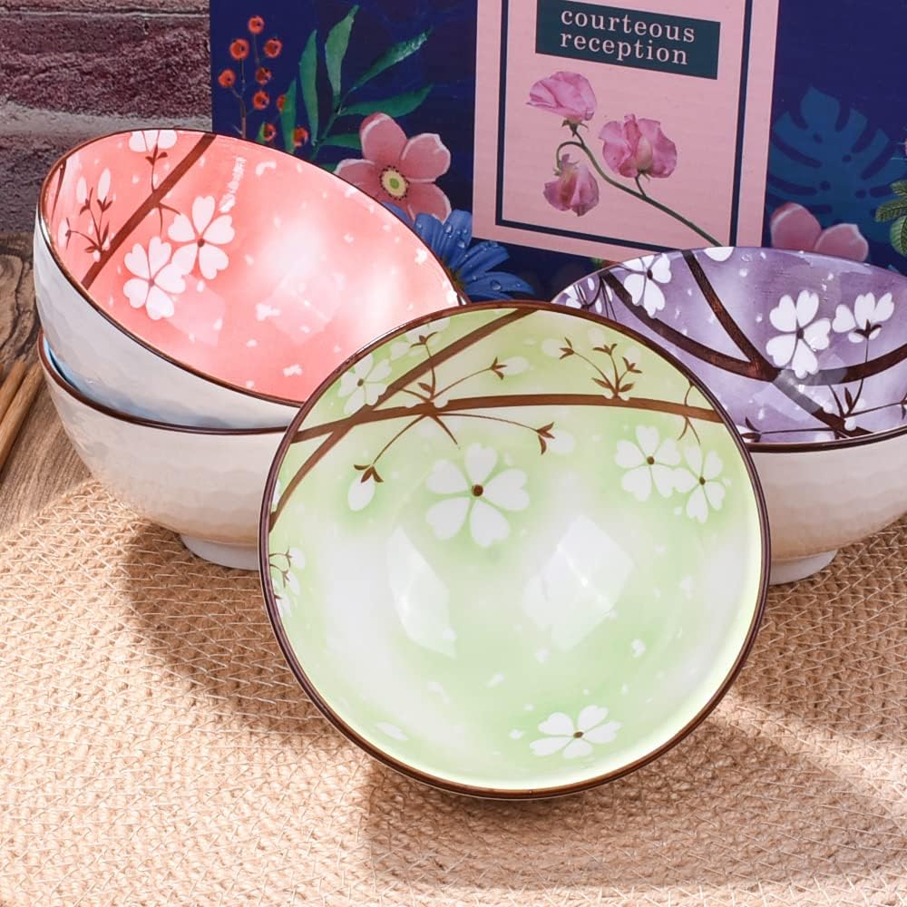 4-Piece Ceramic Rice Bowl Set with Chopsticks – 4.5
