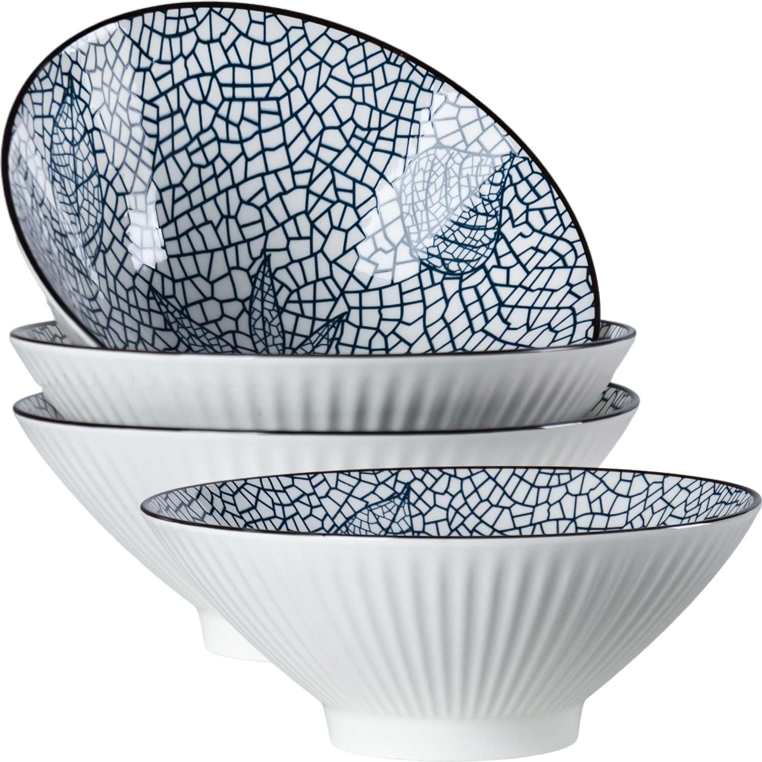 38 oz Japanese Ramen Bowls Set of 4, Large Pho Bowls, 8 Inch Ceramic Blue and White Soup Bowls, Striped Pattern
