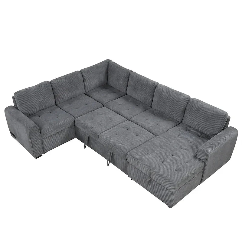 Roomfitters U-Shaped Sectional Sofa with Pull-Out Bed, Storage Chaise Lounge, and Integrated Charging Ports for Living Room