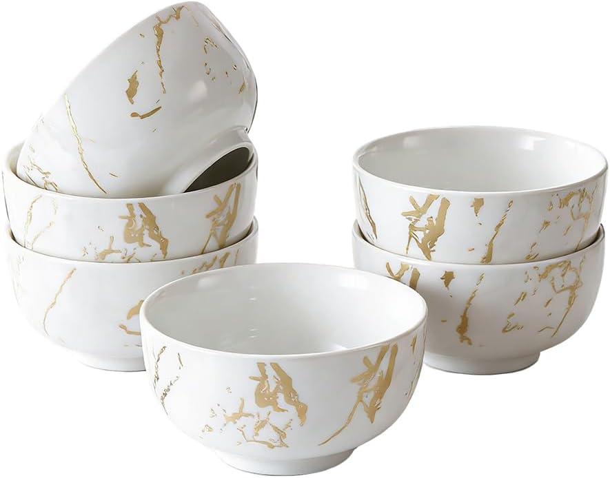 6-Piece Pink and Gold Marble Ceramic Bowls, 20 oz – Bohemian Soup & Cereal Bowl Set, Dishwasher & Microwave Safe, for Ramen, Pasta, Salad, Dessert