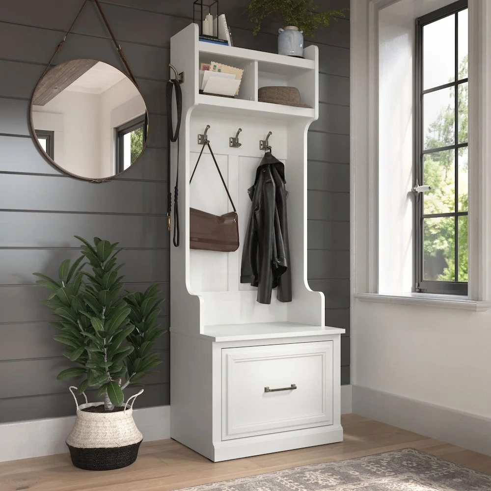 Woodland 24W Hall Tree & Shoe Bench w/ Drawer in White Ash - Engineered Wood - Image 12