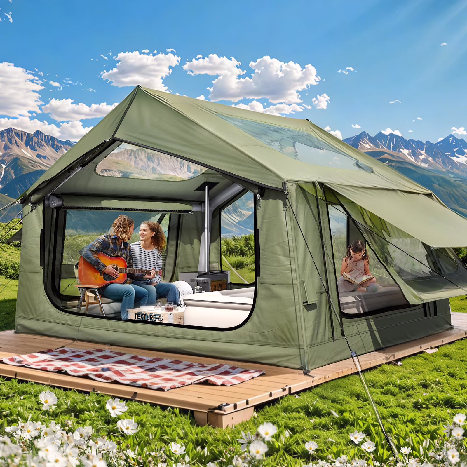 Yoleny 12'x8' Inflatable Tent, 96 SFT Blow Up Tent for Camping, 4 Season Oxford Glamping Tents with Clear Skylight, Pump & Stove Jack - Image 5