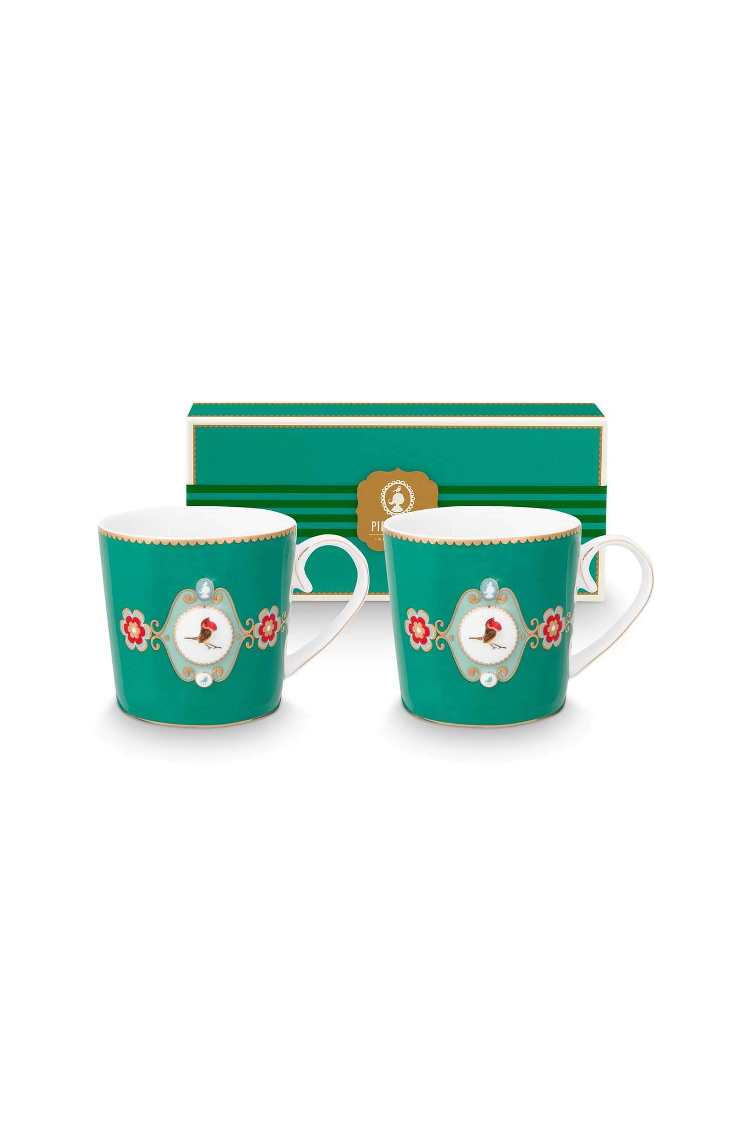 Set/2 Mugs Small Love Birds Medallion Emerald