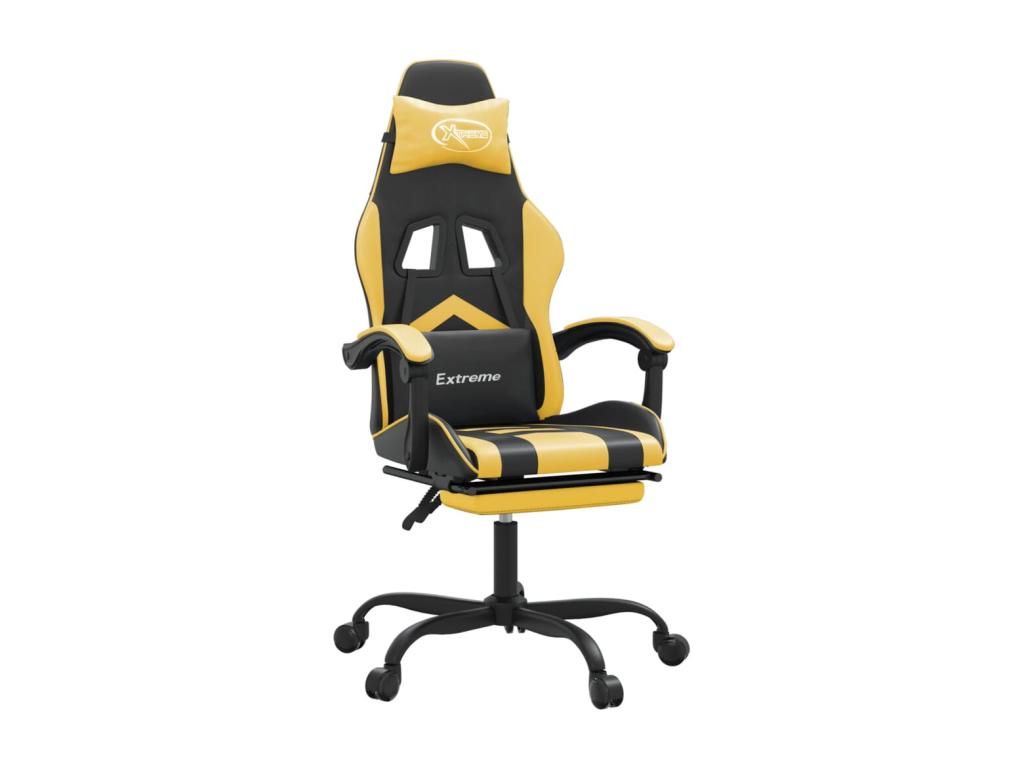 Silla gaming giratoria reposapiés cuero sintético negro dorado