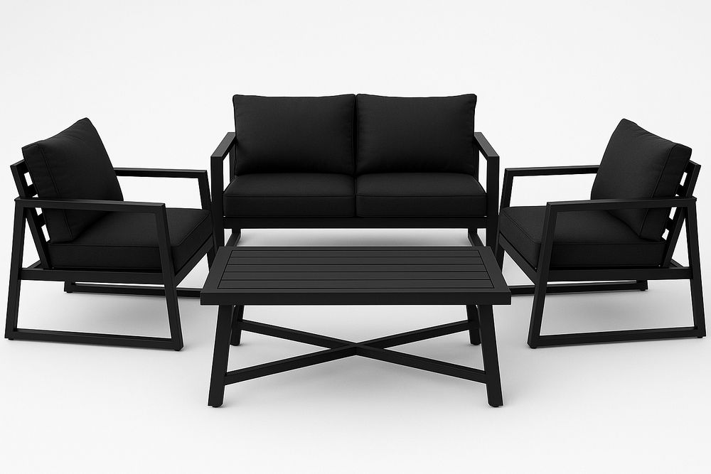 Set de muebles de jardín negro, sofá doble, sillón y mesa con superficie de aluminio
