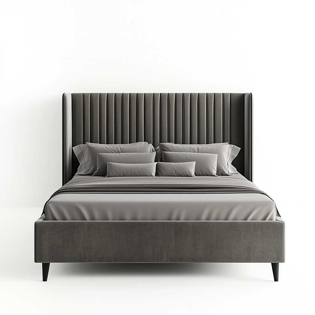 Cama tapizada gris con cabecero alto acanalado