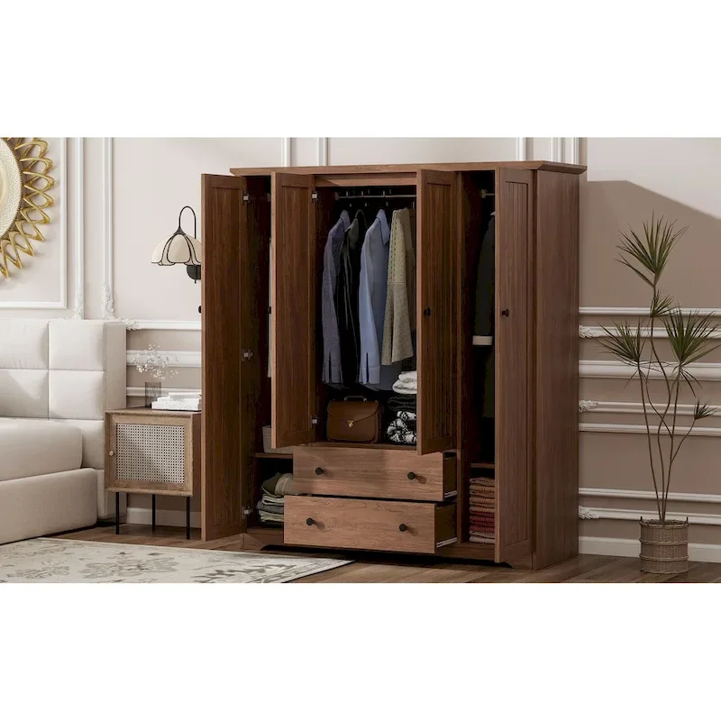 Freestanding 4-Door Wardrobe Armoire with 2 Drawers and Hanging Rods for Clothes Storage