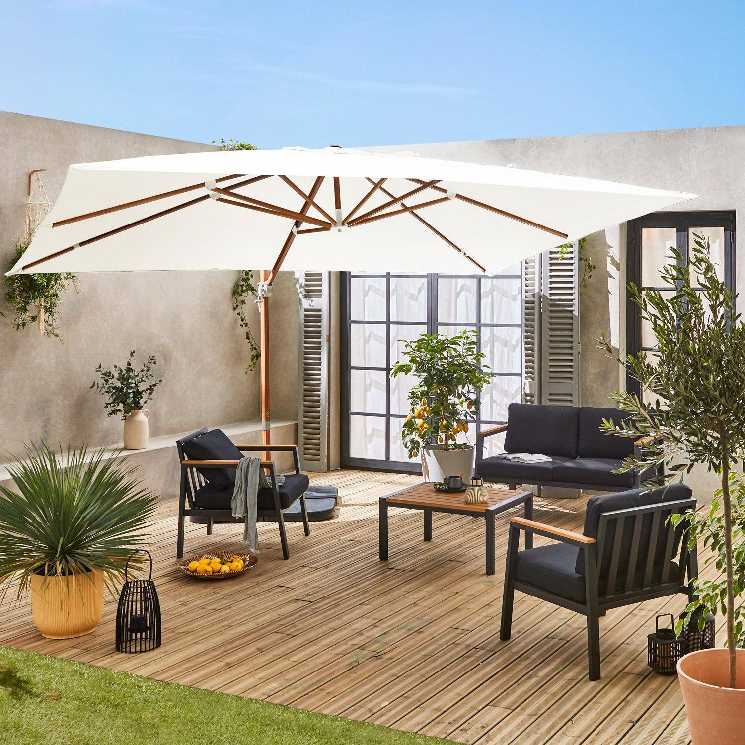 Wimereux + losas 50x50cm - Parasol rectangular excéntrico poste efecto madera, 3x4m + placas de lastre 50x50cm