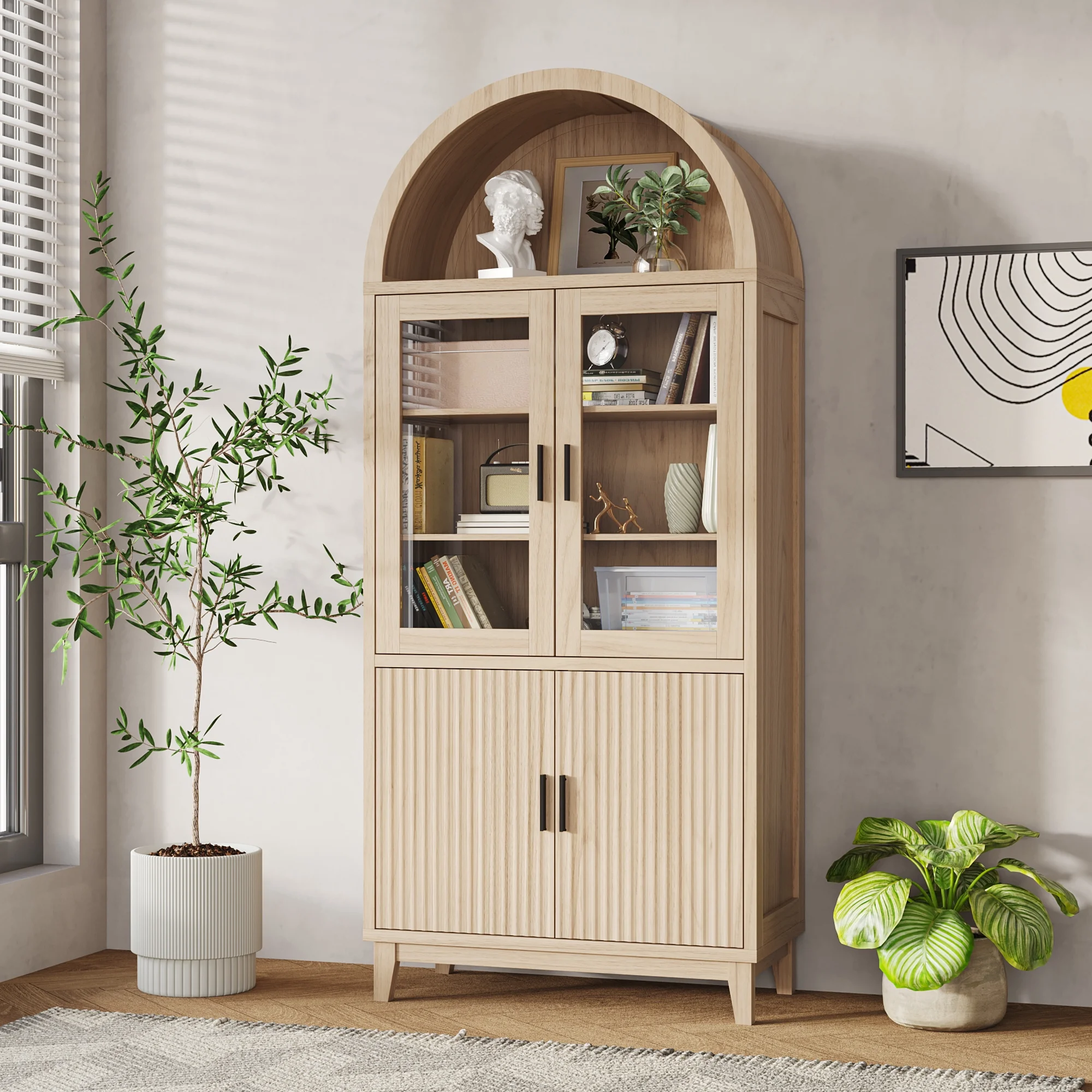 VEANERWOOD 71" Tall Arch Cabinet, Wood Fluted Kitchen Kitchen Storage Cabinet with 4 Doors and 6 Shelves for Dining Room Living Room - Image 28