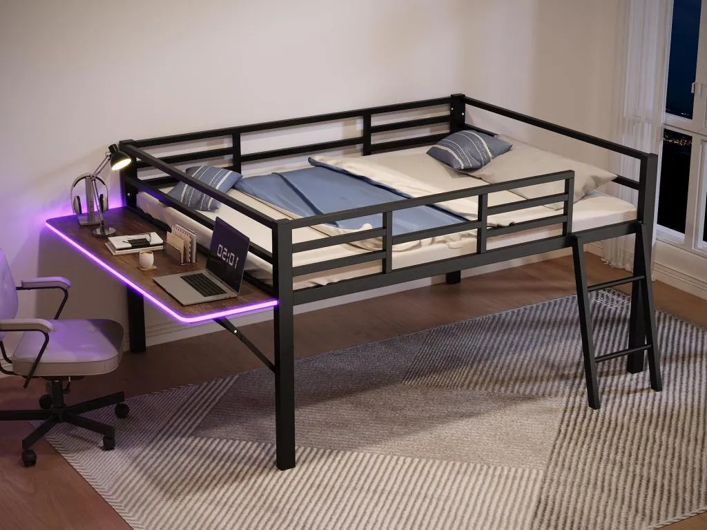 Cama altillo de Sancaldeco de 140x200 cm con LED - con escritorio abatible y somier - Negro XIDT03974