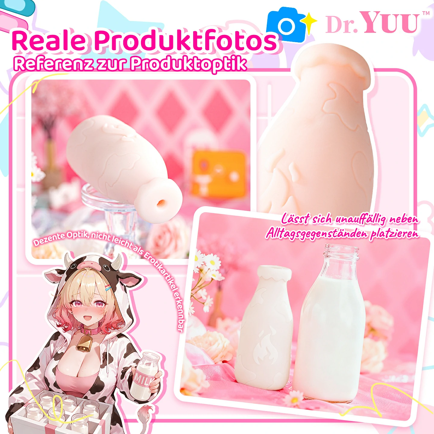 Reale Produktaufnahmen des Dr.YUU Heiz-Masturbators im diskreten Milchflaschen-Design neben alltäglichen Gegenständen