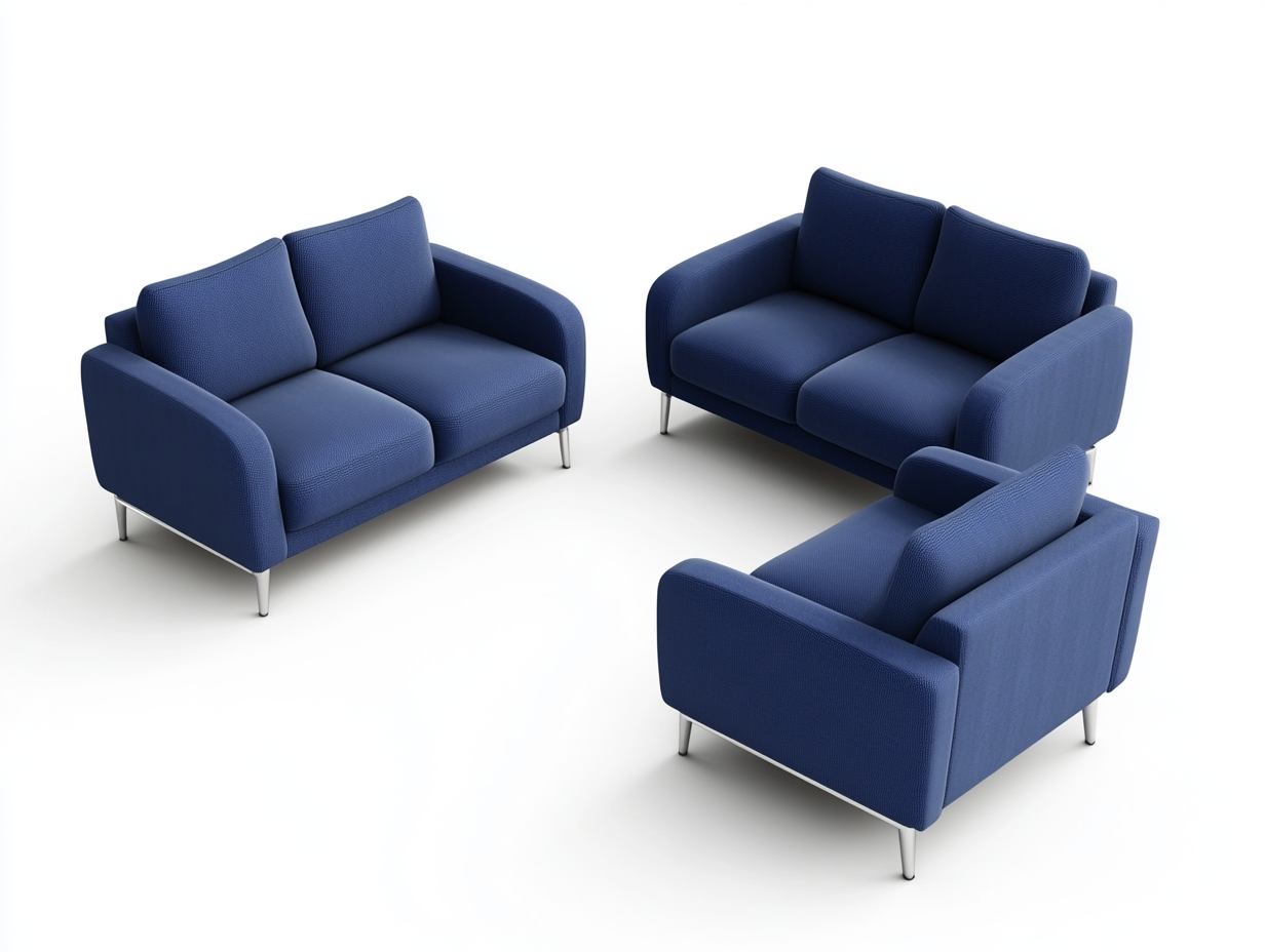 Conjunto de sofá 3 piezas – tela azul oscuro – patas metálicas plateadas – 2 sofás 2 plazas y 1 sillón moderno